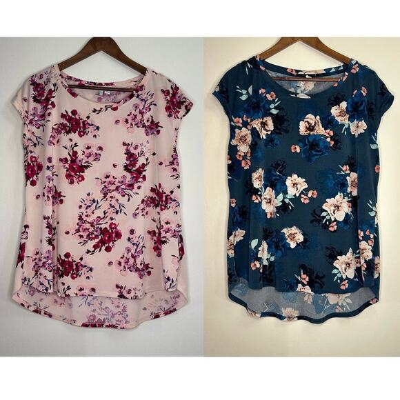 2 ELLE Size Large Floral Pink & Navy Blue Blouses - Picture 1 of 16
